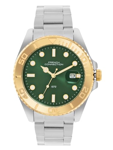 Image of French Connection Apex Dated Green Round Dial Stainless Steel Strap | Casual | Premium | See Through Feature | Sunray Feature Wrist Watch for Men - FCH17NSM