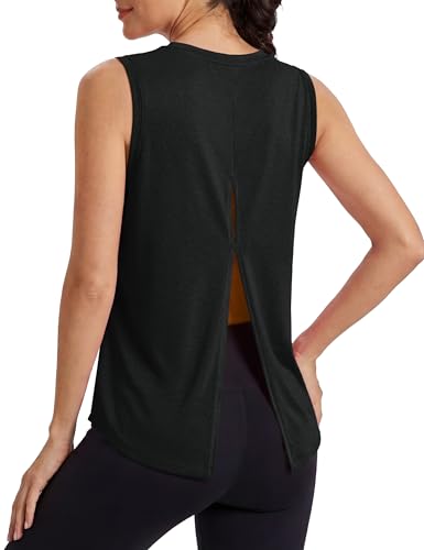 Image of MAGCOMSEN Workout Tank Tops Woman Summer Open Back Yoga Athletic Shirts Sleeveless Tie Back Loose Fit Gym Muscle Tank