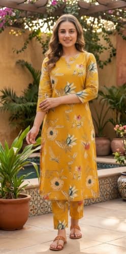 Image of CREATION & YOU Women Cotton Printed Kurta with Palazzo Set | Work /Office Wear Kurta Set for Women