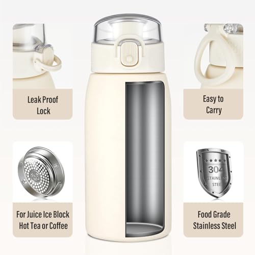 Image of Insulated Water Bottle 12 oz with Dustproof Lid, Carry Handle & Tea Infuser, BPA-Free & Leakproof, Stainless Steel Water Bottles Ideal for Fitness, Hiking, Office & Outdoor Use (Beige )