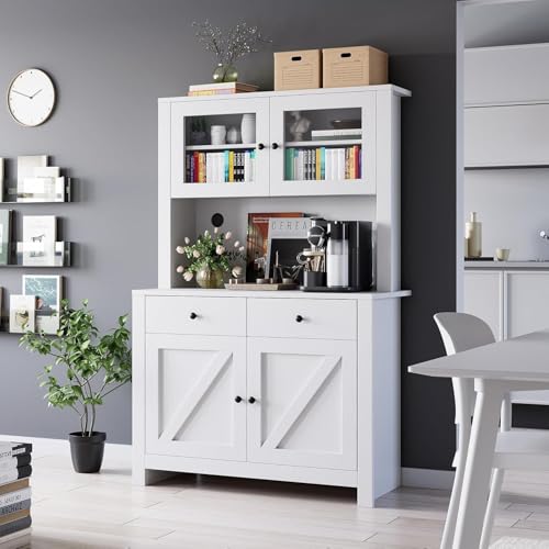GarveeHome Kitchen Pantry Cabinet with Microwave Stand, Freestanding Hutch Cabinet with Buffet Cupboard, Tall Kitchen Cabinets with Adjustable Shelves for Dining Room, White