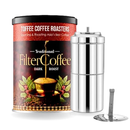 Image of Toffee Coffee Roasters South Indian Filter Coffee (200 Gms) + Free Filter Coffee Maker (400Ml, 6-8 Cups) | As Seen On Shark Tank | Specialty Blend | Traditional Dark Roast Signature Filter Coffee, Can