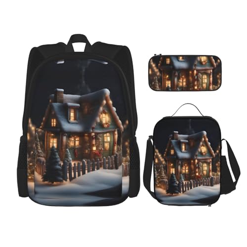 Christmas Village House 3-Piece Set Backpack, Lunch Bag, And Pencil Case, Casual Cute Sets For Travel And College