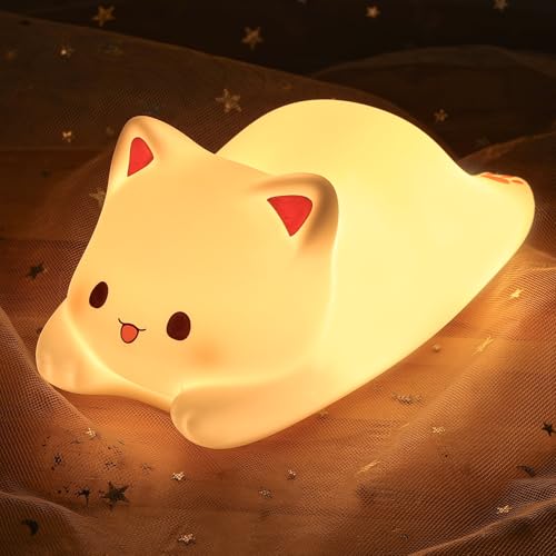 LOVERUIS Cute Night Light for Kids Cat Night-Light Baby Girl Squishy NightLight 1/3 Hour Timer Kitty Light Baby Dimmable Nursery Lamp Colorful Nightlight Gift for Kid Toddler Kawaii Bedroom (Kiki)