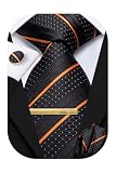 3 Hi-Tie Ensemble cravate et boutons de manchette carrés dorés pour homme en soie tissée pour fête de mariage, Noir/orange/carreaux, M