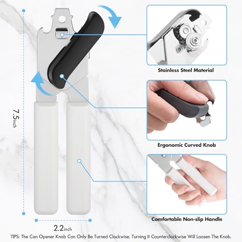 Can Opener Manual, COKORA Can Openers Hand Held with Comfort Anti-Slip Handles, Heavy Duty Stainless Steel Can Opener Smooth Edge and Bottle Openers, Easy Turn Can Openers for Seniors, Kitchen, White