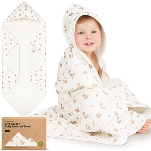 Image of KeaBabies Muslin Baby Bath Towels with Hood for Girls, Boys -Large Organic Cotton Hooded Baby Towels for Newborns,Toddlers,Infant,Kids,Soft Absorbent Newborn Bath Essentials Gift Set(Nibbles, Regular)