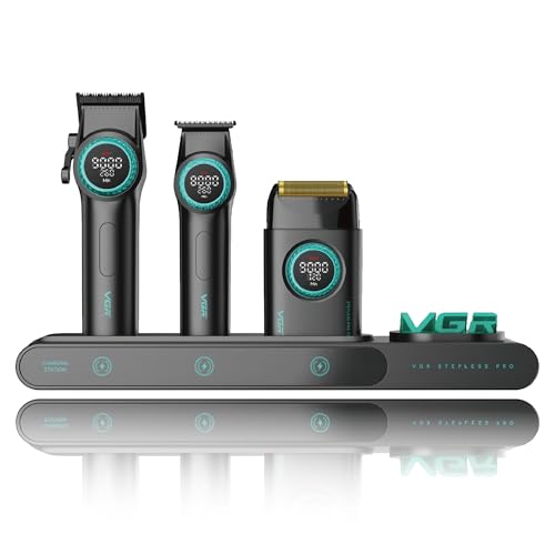 VGR 3 en 1 Profesional Maquina de Cortar Pelo Set Hombre, Incluye Maquinilla Cortapelos, Recortadora y Afeitadora, con Potente Motor Mejorado, Pantalla LED, Base de Carga y Caja, Negro