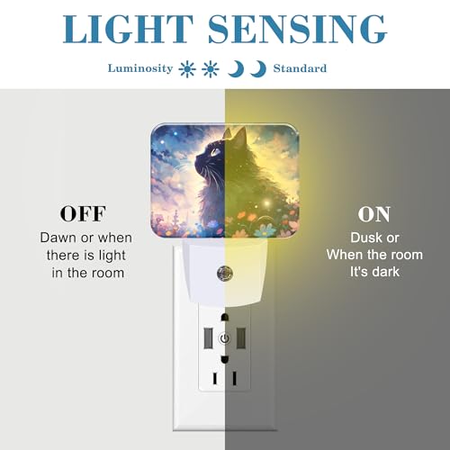 Image of Cartoon Cute Black Cat Night Light for Kids Girls Boys, Cat in The Flowers LED Night Light Plug into Wall with Dusk to Dawn Sensor for Room, Hallway, Kitchen, Bathroom, Stairs Decor