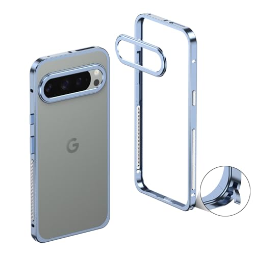 Coque pare-chocs latérale en métal Google Pixel 9 bleu avec vitre arrière de protection