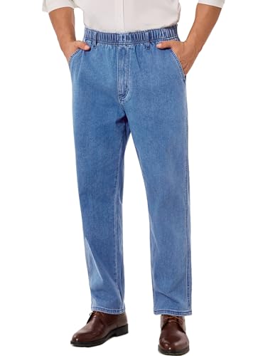 voeeron Pull On Elastic Waist Jeans for Men Full Elastic Waistband Loose Fit Denim Pants Easy Wear for Seniors Light Blue 36x28