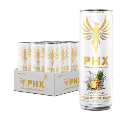 Image of PHX Hydration Energy Drink - 700mg Electrolytes, 200mg Natural Green Tea Caffeine, 100% Daily Value 8 Essential Vitamins - 12 oz Cans (12 Pack, Pineapple)