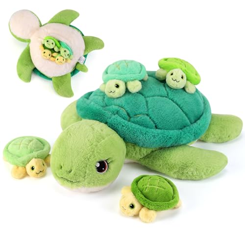 Image of 5 Pieces Turtle Stuffed Animals - 1 Mommy Stuffed Turtle with 4 Babies - Tortoise Gifts for Girls Age 3-8, Tortoise Plush Toys for Christmas, Valentine's, Birthday Gifts