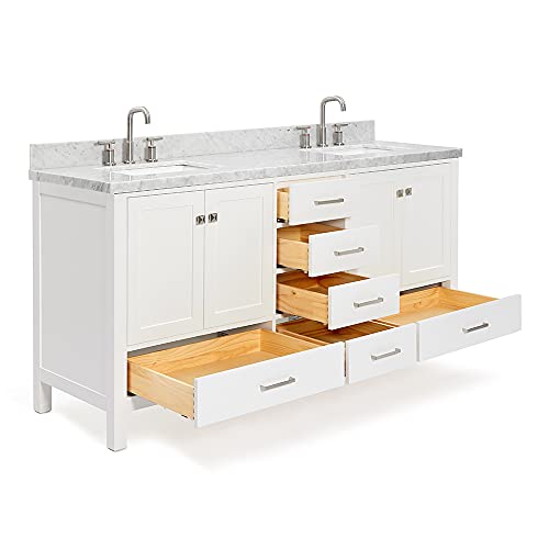 Ariel 73" Inch White Double Bathroom Vanity Cabinet With Rectangle Sinks And Carrara White Marble Countertop | 4 Soft Closing Doors And 6 Full Extension Dovetail Drawers | No Mirror #TOP5