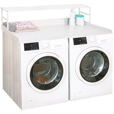 Washer Dryer Countertop for the Top, Wood Washer Dryer Topper with 2-Tier Shelf Universal Fit, Laundry Countertop with Edge Rails, 54" Width x 27.5" Depth Laundry Counter Storage Organization, White Cover
