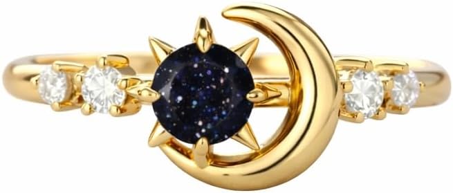 Celestial Moon & Star Engagement Ring for Women Gold Tone Crescent Moon with Deep Blue Center Stone and Side Accent Stones Minimalist Cosmic Jewelry Gift for Her