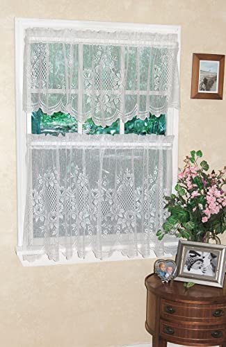 Cameo Rose Lace Tier Curtain Collection by Curtain Chic (White, Scalloped Valance 56W x 13L)