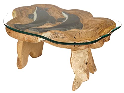 Windalf Natur Couchtisch mit Glasplatte DELPHY 118 cm Schwarze Delphine Bohemia Teak-Holztisch Landhausdesign Handarbeit aus Wurzelholz