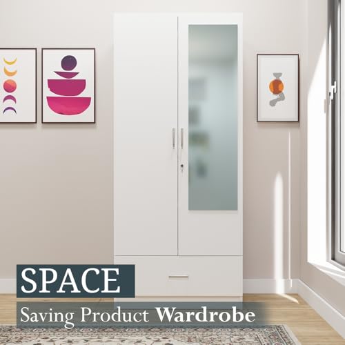Image of VIKI Wardrobe |Wooden Almirah for 2 Door Wardrobe with 1 Drawer & Hanging Space with Mirror (Walnut |White - 40D x 80W x 180.8H) | 1 Year Warranty | Free Assembly