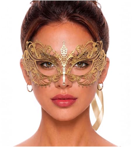 Image of Masquerade Mask for Women with Rhinestones - Elegant Metal Half Face Mask for Masquerade Parties, Mardi Gras, & Themed Events