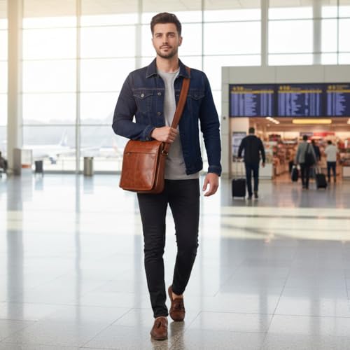 Image of Men's Leather Sling Bag Crossbody Messenger Shoulder Bag | Stylish Office Travel Side Bag with Multiple Compartments, Adjustable Strap & Secure Pockets for Daily Use