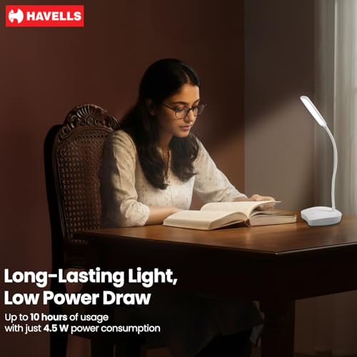 Image of Havells Lucento Table Lamp 4.5W | Integrated Touch Sensor|3 Step Dimmable LED Table lamp|3.7V, 800 mAh Lithium‑Ion Battery | Light Modes: 100%, 50%,25% | Eye Soft Technology for Soft Glare-Free Light