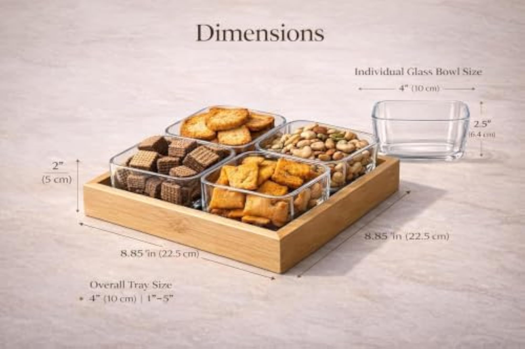 Premium Bamboo Serving Tray with 4 Clear Containers, Snack Platter Set