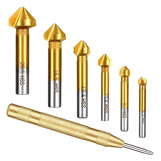 6 st försänkt borr 6,3-20,5 mm HSS 4241 titan belagd med mittstans 3 flöjt 90 graders diskbänk avfasare för trä mjuk metallplast PVC-skärning