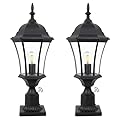 GOALPLUS 24in Dusk to Dawn Aluminum Light Post Outdoor Lamp Post Light Fixture for House Exterior Black Yard Pier Mount Lantern with Seeded Glass, 2 Pack Outside Pathway Column Lights, LMMS4610-MBK-2P