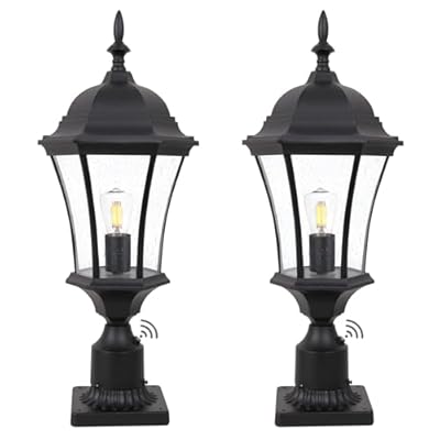 GOALPLUS 24in Dusk to Dawn Aluminum Light Post Outdoor Lamp Post Light Fixture for House Exterior Black Yard Pier Mount Lantern with Seeded Glass, 2 Pack Outside Pathway Column Lights, LMMS4610-MBK-2P