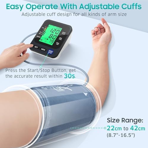 Blood Pressure Monitor for Home Use, Automatic Blood Pressure Machine with 3-Color Backlit Hypertension Display, 2x99 Memory with Upper Arm Large Cuff 22-42cm Black