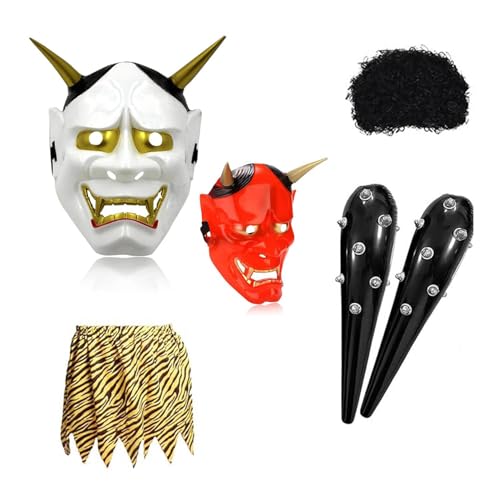 [SVNVIOZ] 節分 赤鬼 青鬼 コスプレ 6点セット お面＊２個 鬼のパンツ ウィッグ こん棒＊２個 なまはげ 鬼面 仮装 衣装 おに 豆まき オニ退治 節分豆 郷土 こん棒 お祭り