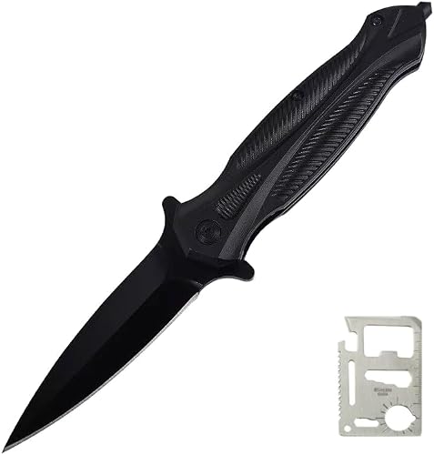 Tactical Folding Pocket Knife, Black, Stainless Steel Blade with Bonus 11-in-1 Survival Card Multi-Tool, Outdoor Camping