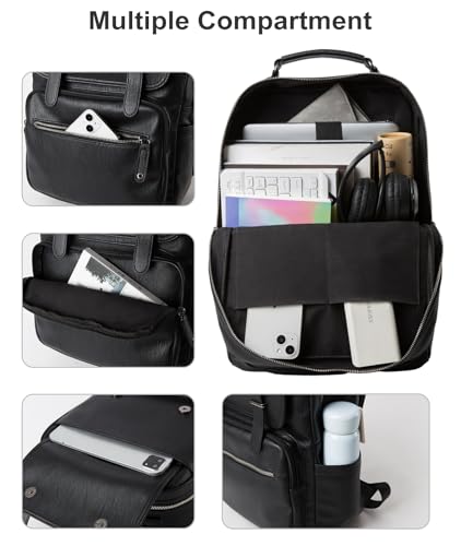 MOYYI Mochila masculina de couro preto à prova d'água, ajuste à prova d'água, mochila para laptop