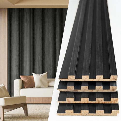 Art3d Slat Wood Wall Paneling for Interior and Ceiling Decoration - Pack of 4pcs + 1pc End-trim, Size 108 x 5.7in.- Black