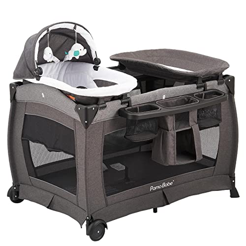Image of Pamo Babe Deluxe Nursery Center, Foldable Playard for Baby & Toddler, Bassinet, Mattress, Changing Table for Newborn(Black)