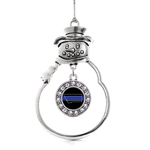 Inspired Silver - Montana Thin Blue Line - Silver Christmas Ornament - Circle Charm Christmas Tree Ornament with Cubic Zirconia - Snowman Hanging Decoration