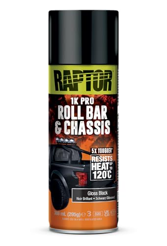 RAPTOR Roll Bar & Chassis, barra antivuelco y chasis, bote de pintura de 1 K, resistente al calor hasta 120 °C, protección contra golpes, abrasión, radiación UV y corrosión (negro brillante/negro