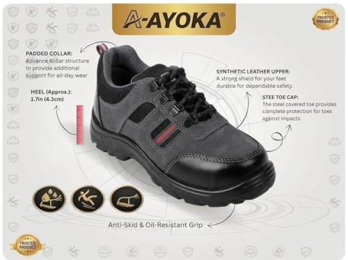 Image of AYOKA A 906 Steel Toe Safety Shoes for Men | Synthetic Leather Upper | Durable PVC Sole | Industrial Work Footwear | Heavy Duty Work Safety Shoes with Slip Resistant | 1 Inch Heel - Grey