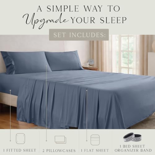 Image of KARISSA MAE Luxury Bamboo Viscose Queen Size Sheet Set | FSC Certified | Cooling | Ultra Soft | 18 inch Deep Pockets | Elastic Corner Straps | Includes Organizer Band [Slate Blue]