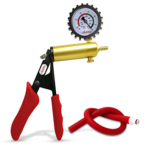 LeLuv Ultima Red Vacuum Pump - Aluminum Alloy &amp; Brass Handle Manual Hand Vacuum (0-30 Hg, 0-760 mmHg), Gauge Installed with Protective Rubber Cover, Silicone Padded Grips with Hose &amp; Fitting
