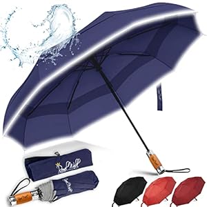 Royal Walk Paraguas Plegable Antiviento para Hombre y Mujer Apertura y Cierre Automático, Compacto y Fuerte, Mango de Madera Real de Lujo, Doble Cubierta