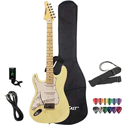 Sawtooth Left Handed ST Style Electric Guitar Citron Vanilla Cream w/White Pickguard with Lesson, ChromaCast Gig Bag, Pick Sampler, Tuner and Strap
