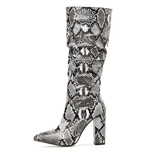 SHEMEE Women's Colorful Snakeskin Knee High Boot Chunky Block High Heels Snake Print Round Toe Zipper Slouch Shoes2