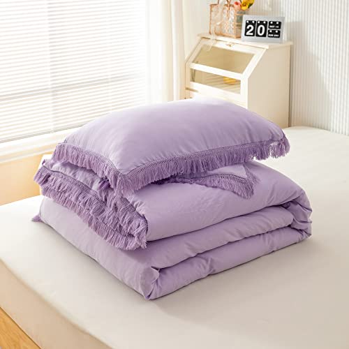 Smoofy 3Pcs Fringe Lavender Purple Tassel Comforter Set Queen Boho Bohemian Cute Soft Tufted Microfiber Bedding Sets Modern Style For Men And Women (1Comforter + 2 Pillowcases) #TOP6