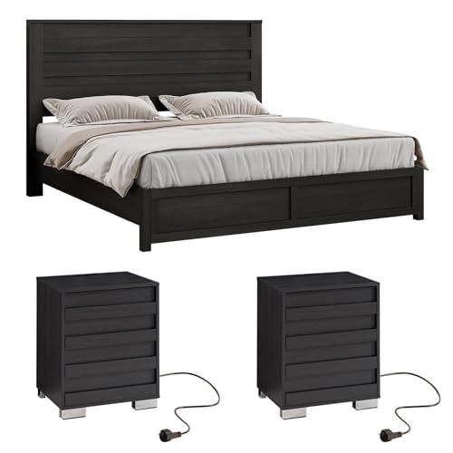 LUXOAK 3 Pcs Bedroom Furniture Sets - Includes Farmhouse Full Size Bed Frame with 49