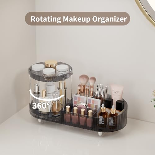 Image of Makeup Organizer Countertop for Vanity, 360 Rotating Perfume Tray with 5-compartment Cosmetic and Skincare Organizers, Multi-Purpose Desk Storage Makeup Brush Holder for Bathroom Bedroom Counter