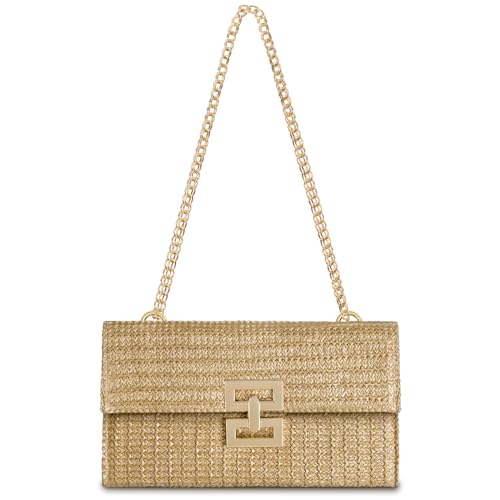 OSDUE Stroh Handtasche Damen, Schultertasche Crossbody Bag Sommer-Strand-Handtaschen Vintage Boho Stil Umhängetasche mit Umklappbare Kette Tragetasche für Strand Urlaub Sommer