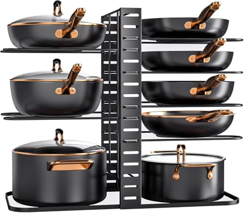 Image of Pots and Pans Organizer: 8-Tier Rack under Cabinet, Kitchen Cabinet Organizers and Storage, Light-Duty Adjustable Pot Racks, Pan Organizers inside Cabinet (8-Tier)