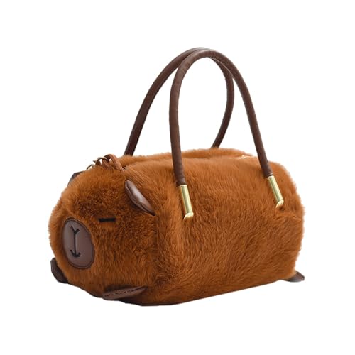 Women Cute Fluffy Animal Shaped Plush Shoulder Handbag Lovely Cylinder Bag Detachable Chain Strap Tote Purse